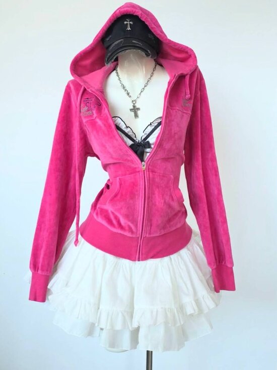 Jackets & Blazers - Y2K Pink Velour Zip Up Hoodie Juicy Style Fitted Full Zip Sweatshirt Jacket